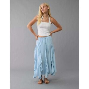 American Eagle Womens S High-Waisted Cascade Ruffle Maxi Skirt Boho Chic Blue